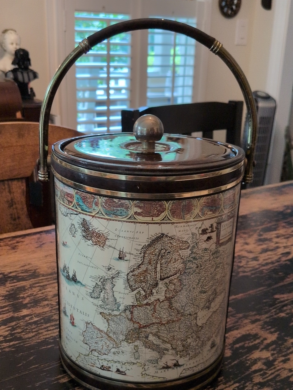 Shelton Ware Old World Map Ice Bucket with Brass Handle - Brown Cream